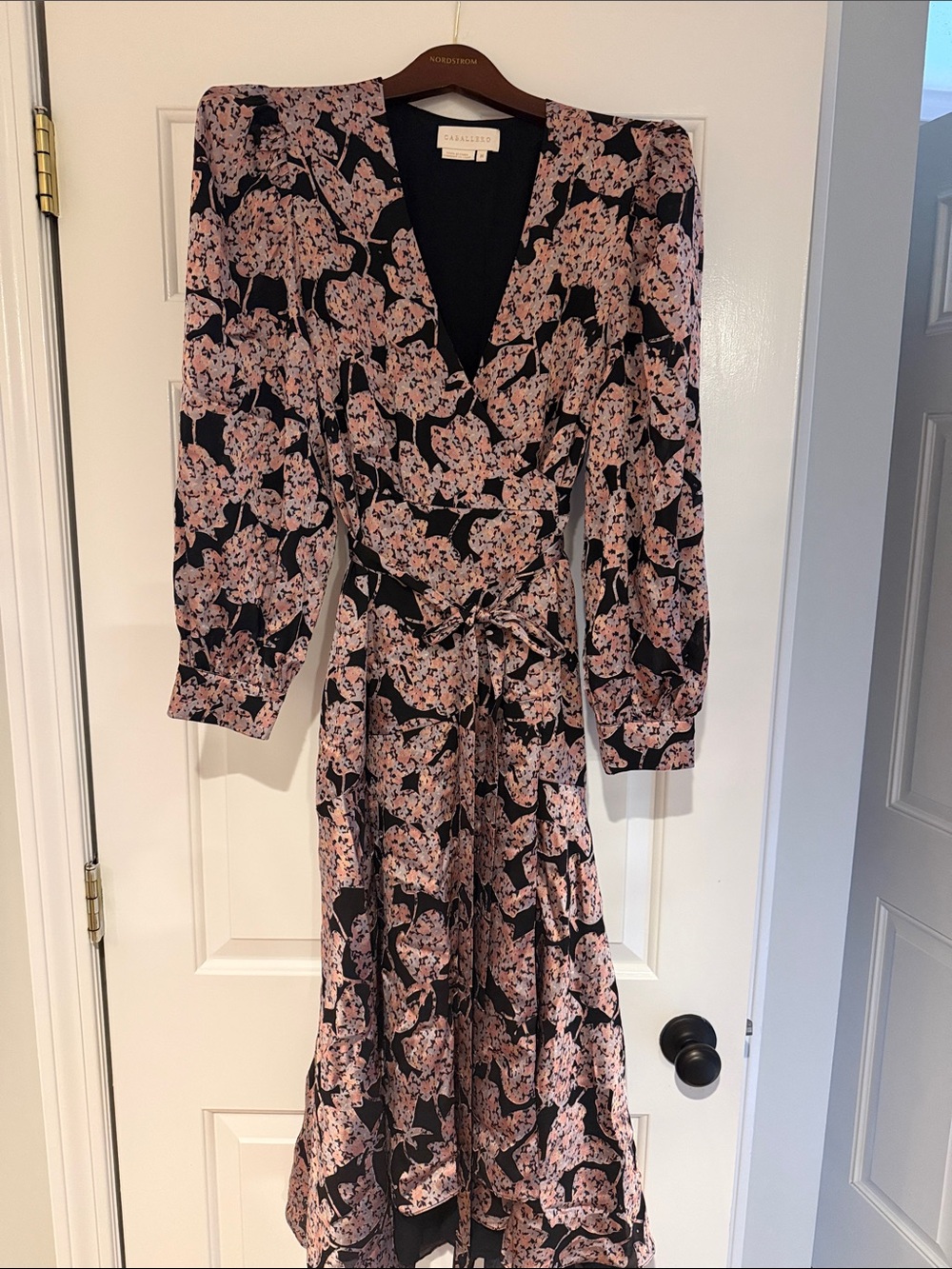 Anthropologie Caballero Black and Pink Motif Wrap Dress